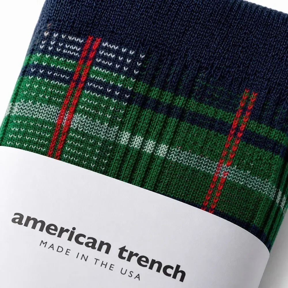 American Trench McCallister Plaid Sock Navy Green Tartan High Crew Men 7-12 USA